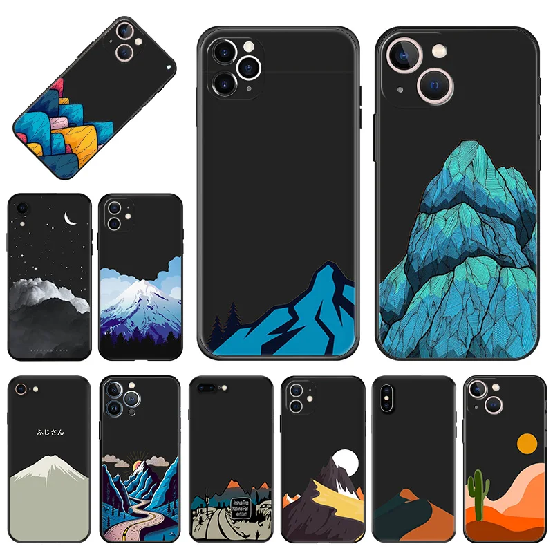 Silicone Soft Phone Case for iphone 16Plus 15 14 13 12 11 16 Pro Max Mini XR SE 7 8 Snow Mountain Volcano dune Black Back Cover