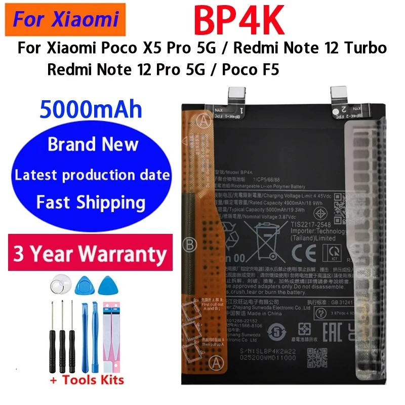 BP4K Battery 5000mAh High Quality For Xiaomi Poco X5 Pro 5G /REDMI Note 12 Pro/Poco F5 /Note 12 Turbo Battery Batteries+Tools