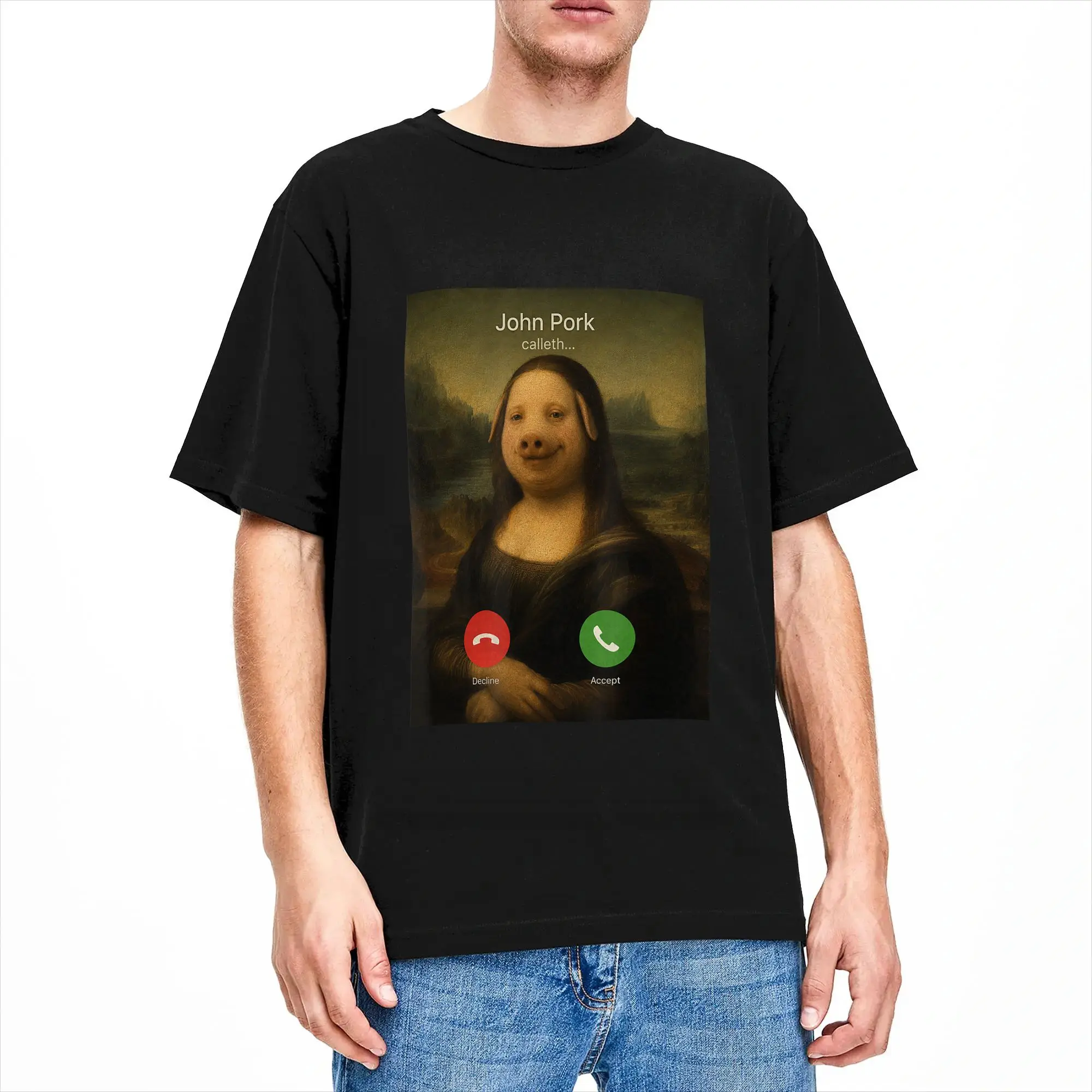John Pork Mona Lisa Da Vinci Funny Meme Parody Dank Brainrot Men T Shirt Leisure Tees Short Sleeve T-Shirts Cotton Plus Size Top