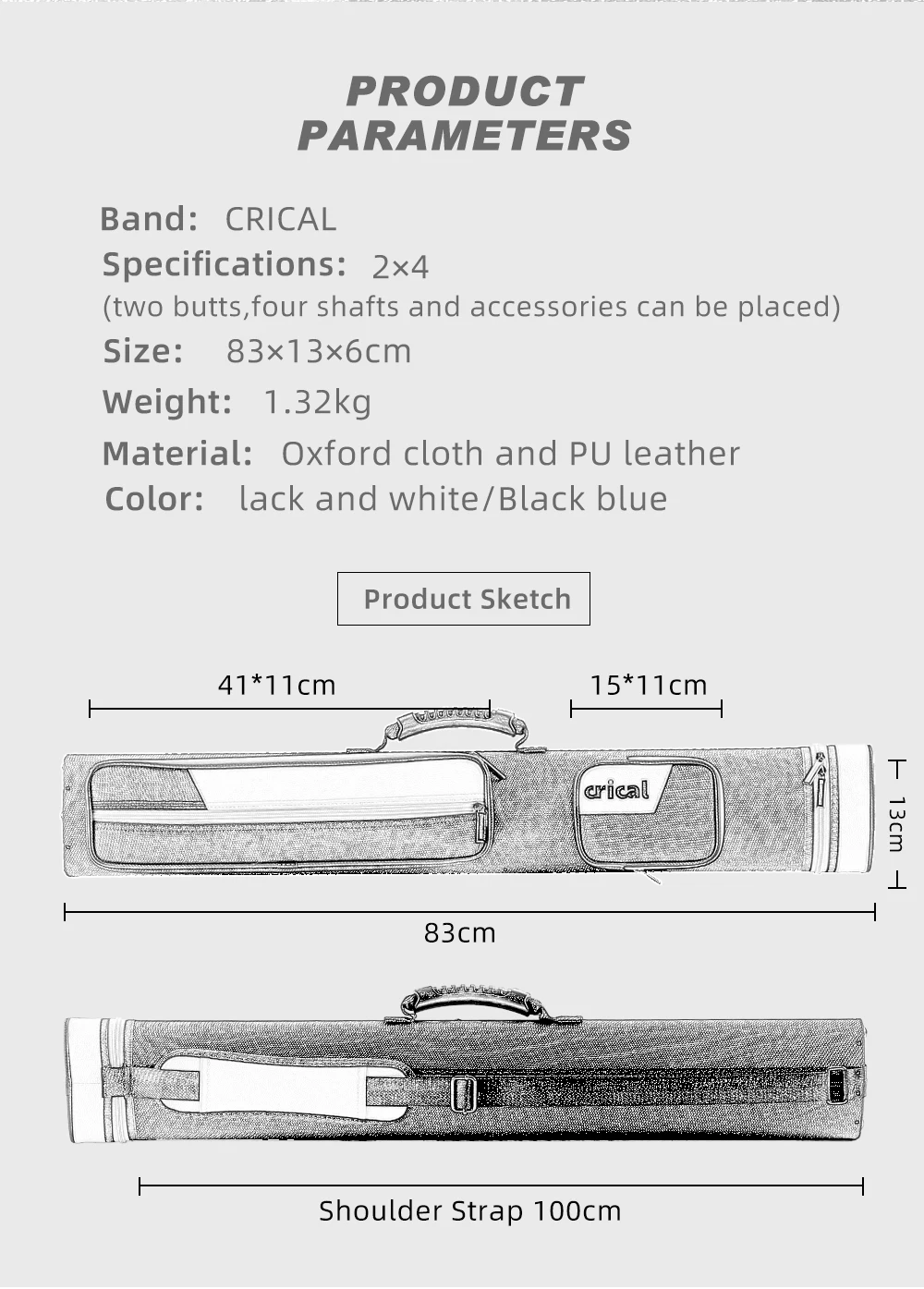 Billardqueue-Etui 2x4 2 Queues 4 Schaftenden Oxford-Stoff PU-Leder Samtfutter Rutschfeste Basis Schultergurt Billard CRICAL – Detail 5