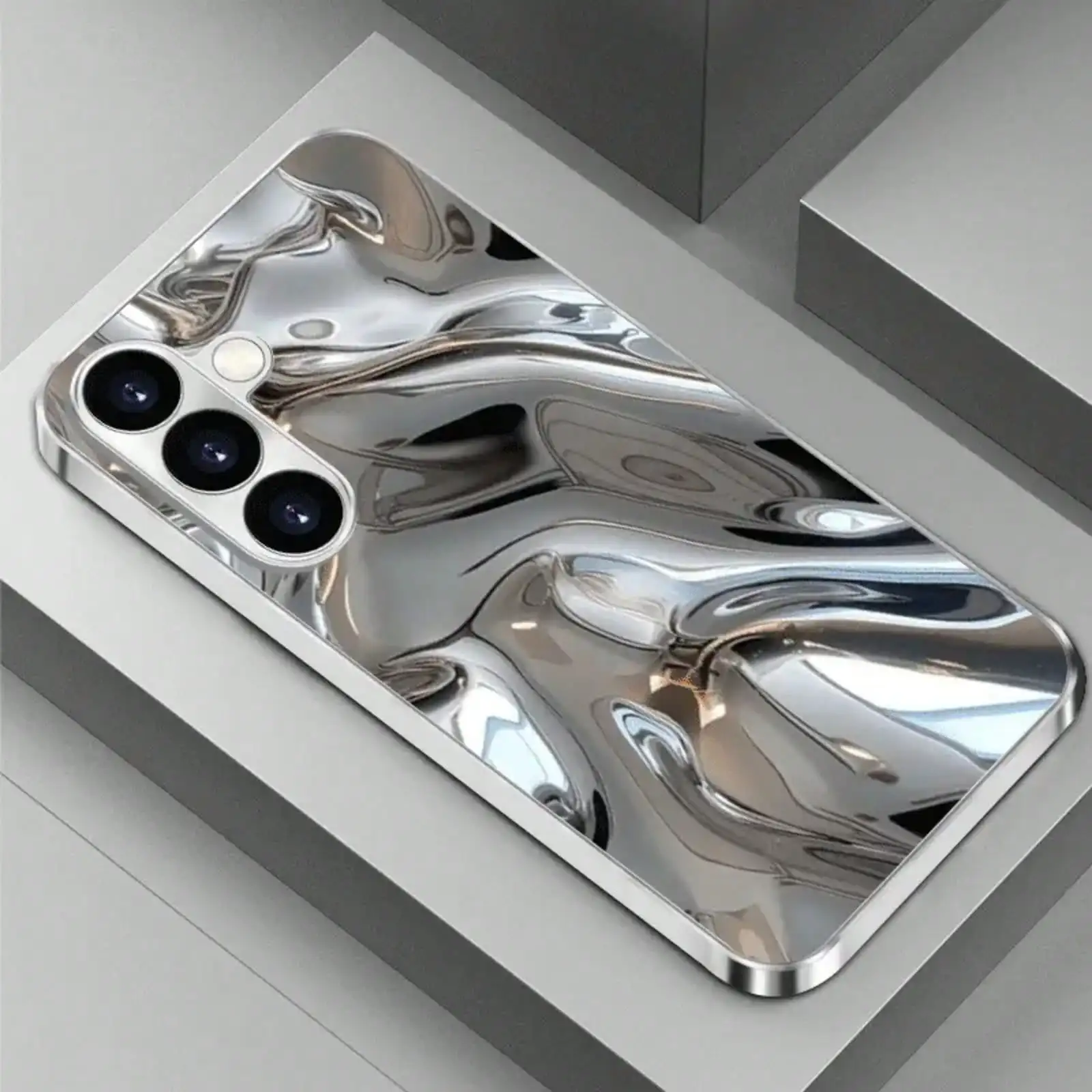 Phone Case 2D Silver metallic liquid s26 ultra case s25 ultra Glass phone case for Samsung Galaxy S26 25 24 23 22 FE Ultra Plus