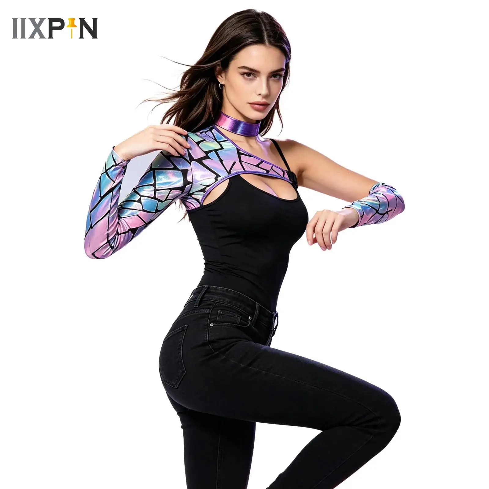 Women Metallic Futuristic Long Sleeve One Shoulder Shawls Shirt Metallic Asymmetrical Crop Top for Halloween Dress-up Party