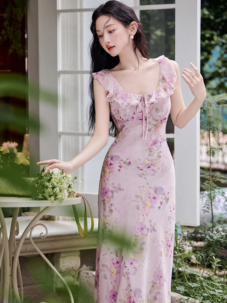 2025 Bohoดอกไม้สีม่วงBow Ruffledสลิงชุดยาวเซ็กซี่ฤดูร้อนสบายๆวันหยุดชุดผู้หญิงเกาหลีBodyconชุดราตรี