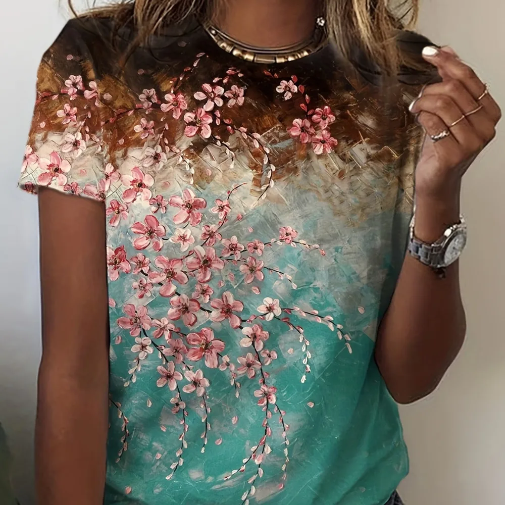 Vibrant Floral Print Crew Neck T-Shirt - Relaxed Fit, Short Sleeve, Classic Collar -Perfect for Summer, Womens Everyday Wear