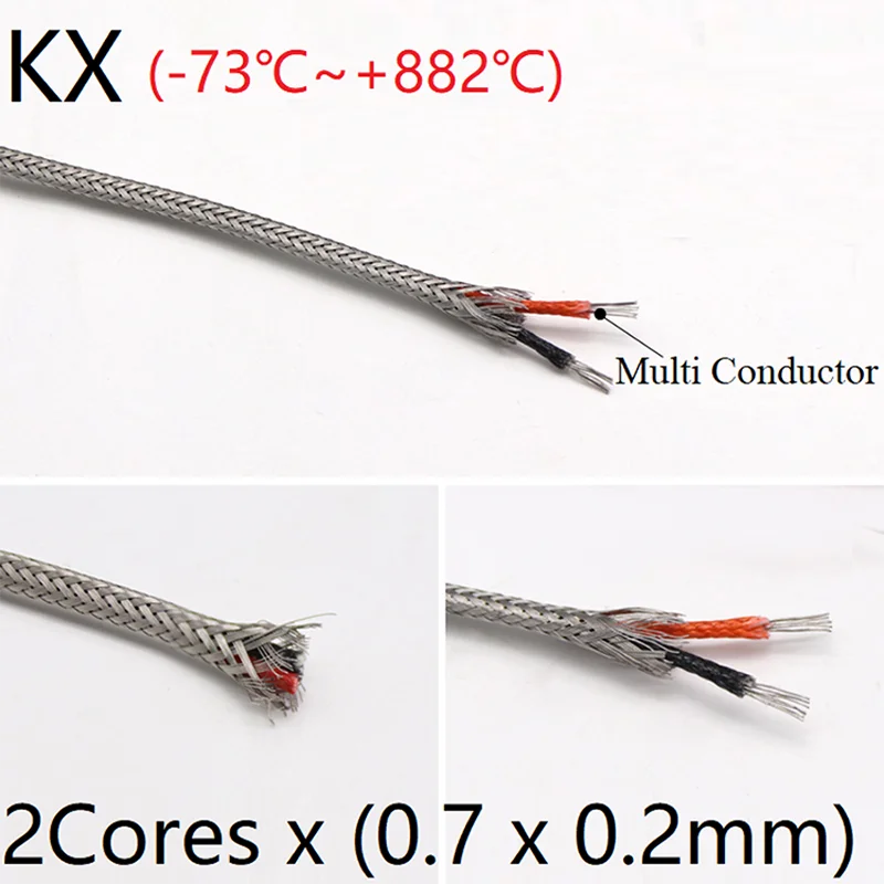 KX Type 2Core x 0.2mm Thermocouple Wire Stainless Steel Shield Fiber Braid Insulated High Temperature Sensor Compensation Cable