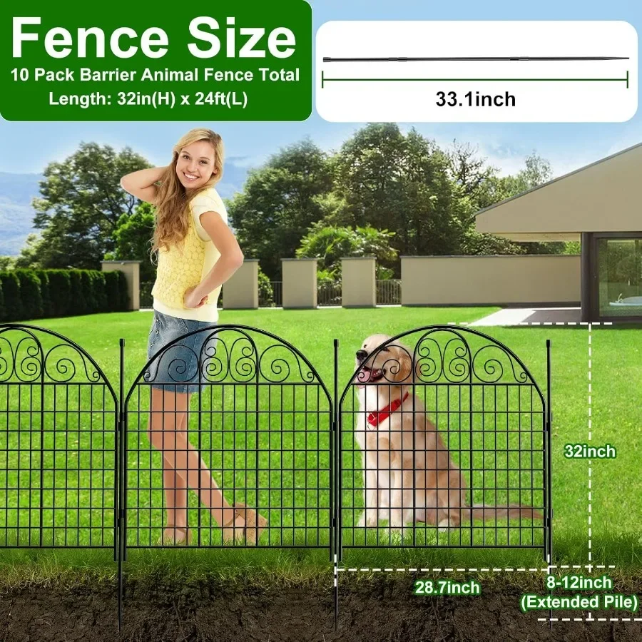 10 لوحات سياج حديقة مع بوابة لساحة 32 بوصة ارتفاع × 24 قدم (طول) لا حفر الكلاب سياج مزخرف حاجز الحيوانات الخارجية سياج Rustpro