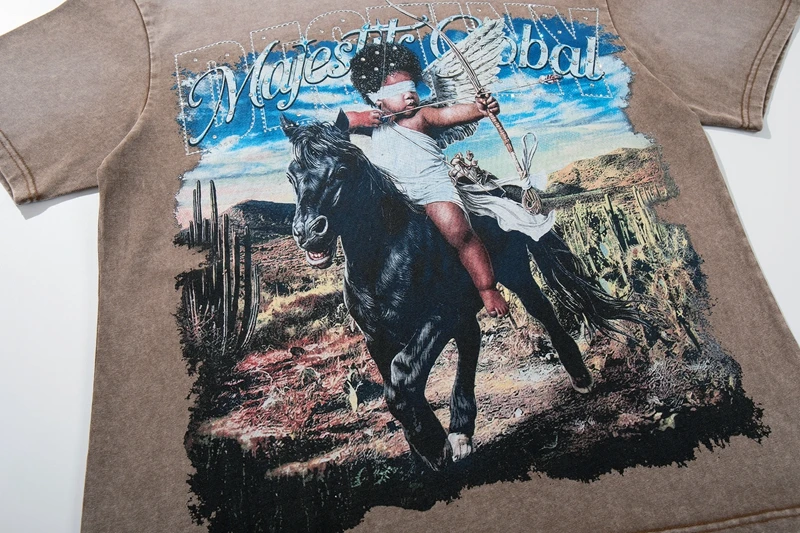 Desert Cupid Horse Grafik-T-Shirt für Herren, Vintage Washed Strass-T-Shirt, lässige Oversize-Baumwoll-Distressed-Tops, Streetwear – Detail 9