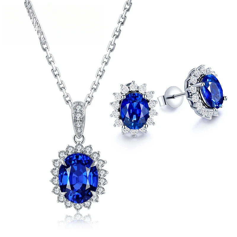 Classic Diana Style Lab Grown Sapphire Royal Blue Sapphire Oval Shape Fashion Pendant Silver Necklace For Anniversary Gift
