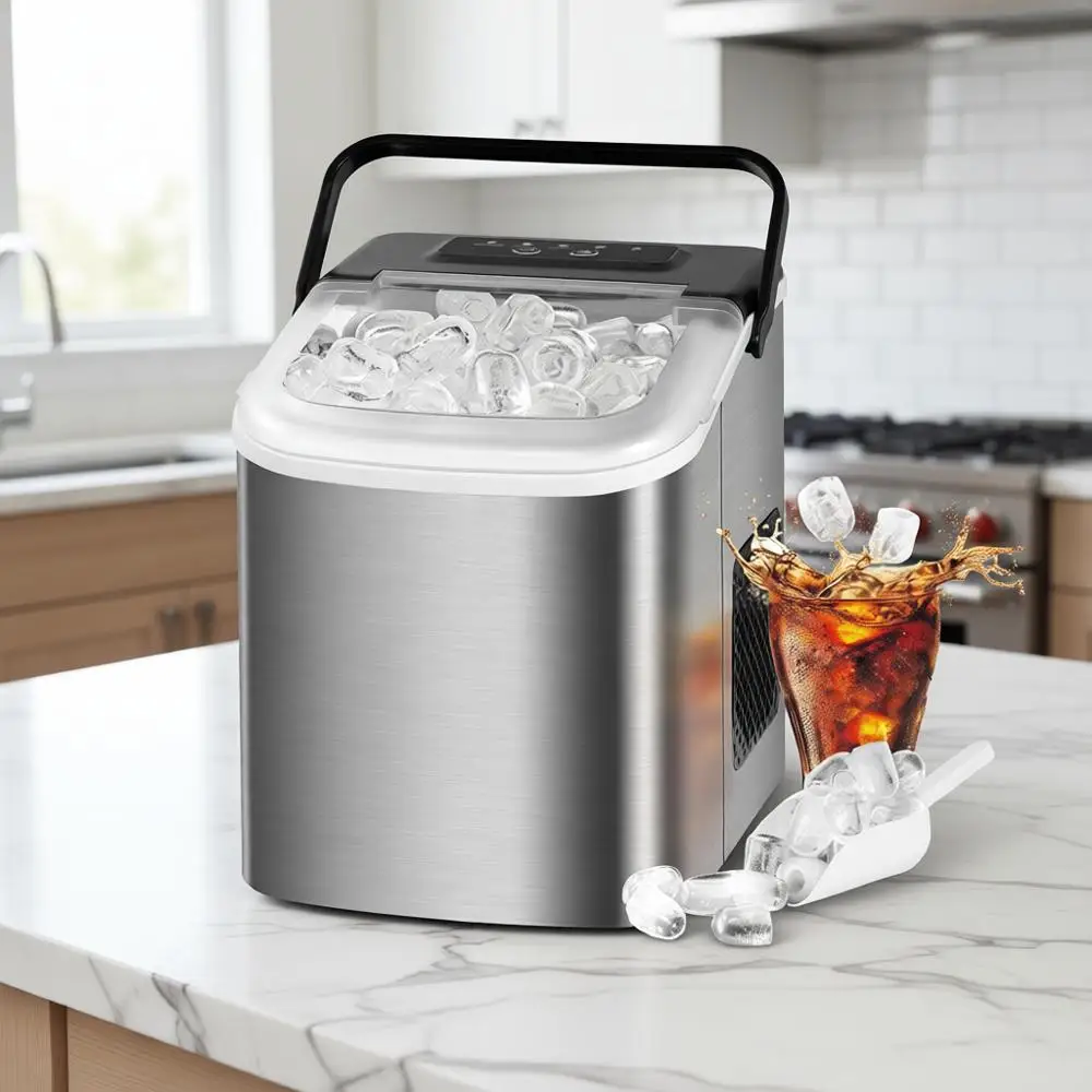 

Льдогенератор для столешницы, 15 кг/24ч, 2 размера кубиков, быстрое изготовление льда, портативный, с функцией самоочистки, корзина для льда, совок для льда, для дома/офиса/бара (серебристый)
