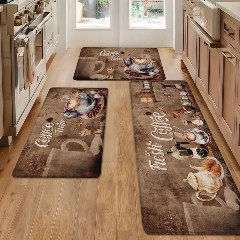 VIKAMA Vintage Coffee-Themed Kitchen Mat, Soft, Non-Slip Entryway Rug with Vintage Coffee Cup Design, Home Decor