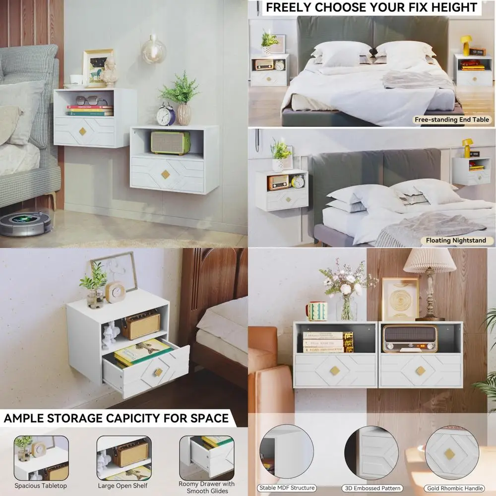 

HLR Floating Nightstand Set of 2 with Drawer, Modern Small Bedside End Table with Decorative Embossed Pattern, White Floating Ni