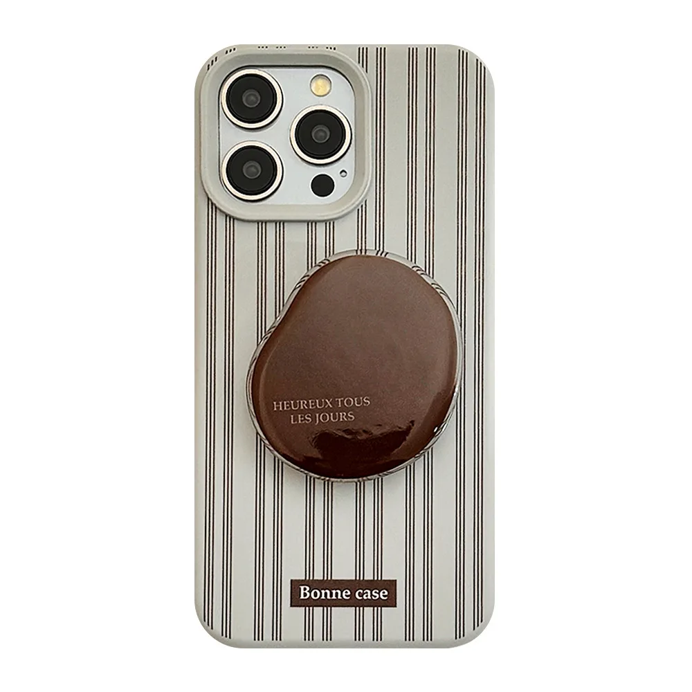 Retro Blue Phone Case Brown Vertical Stripes Cover Case For iPhone 12 13 14 15 16 17 Pro Max Plus with Coffee Bean Holder