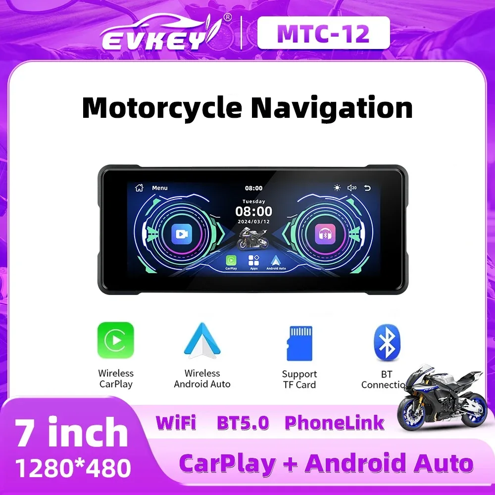 EVKEY 7.0inch Motorcycle Wireless Carplay GPS Navi Android Auto Front Rear Dual Bluetooth Camera Recorder