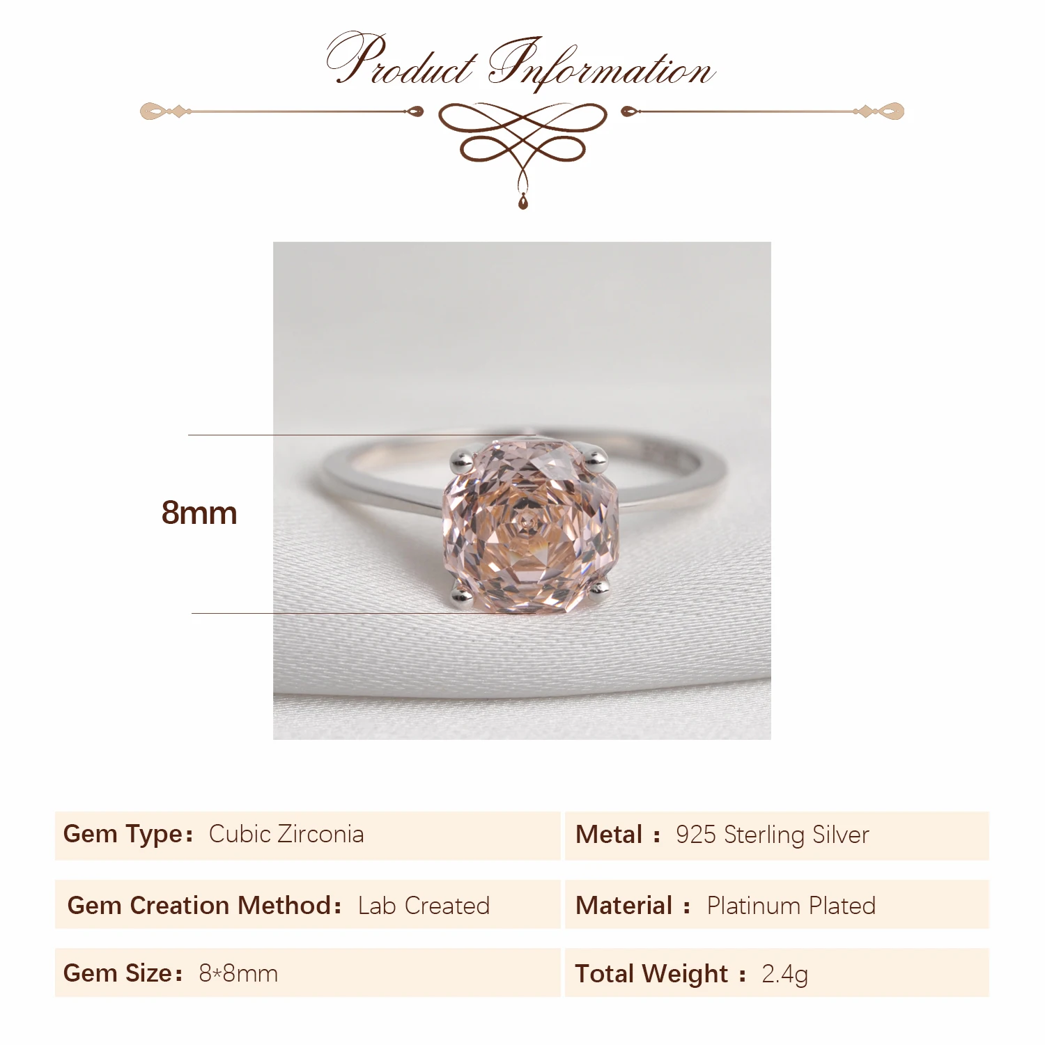 Potiy 2ct Octagon Rose Cut Morganit Rosa Zirkonia Solitär-Ring, 925 Sterling Silber Schmuck Geschenk für Frauen mit – Detail 9