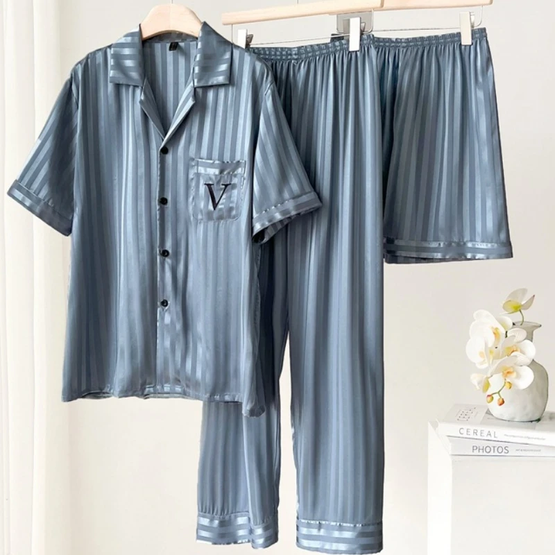 Spring Summer New Men's Pajamas Sleepwear 3PCS Short Sleeve Trouser Suit Loungewear Loose Silky Satin Home Clothes Pijamas Set