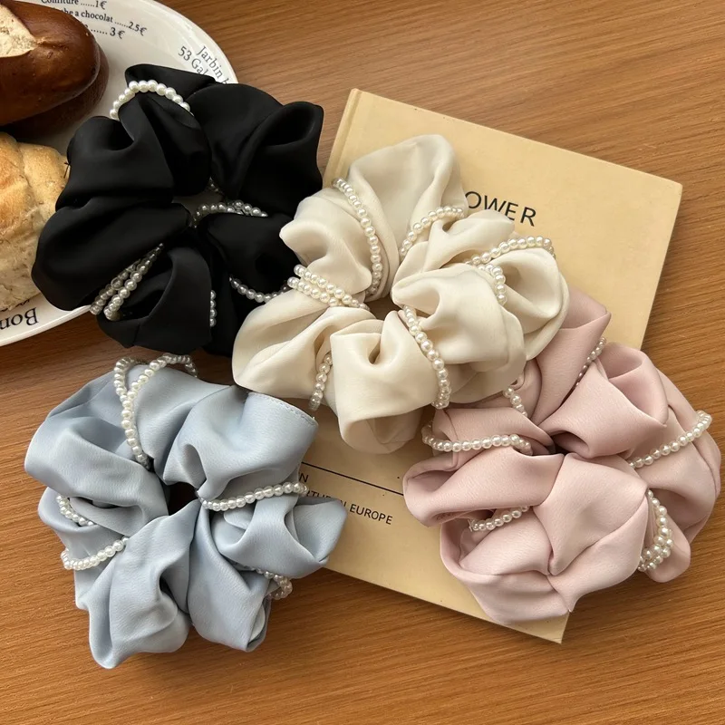 2024 Sweet Pearl Satin Scrunchie For Women Black Silk Hair Bands Girls Big Elastic Hair Tie Ponytail Holder Hair Rope Headdress