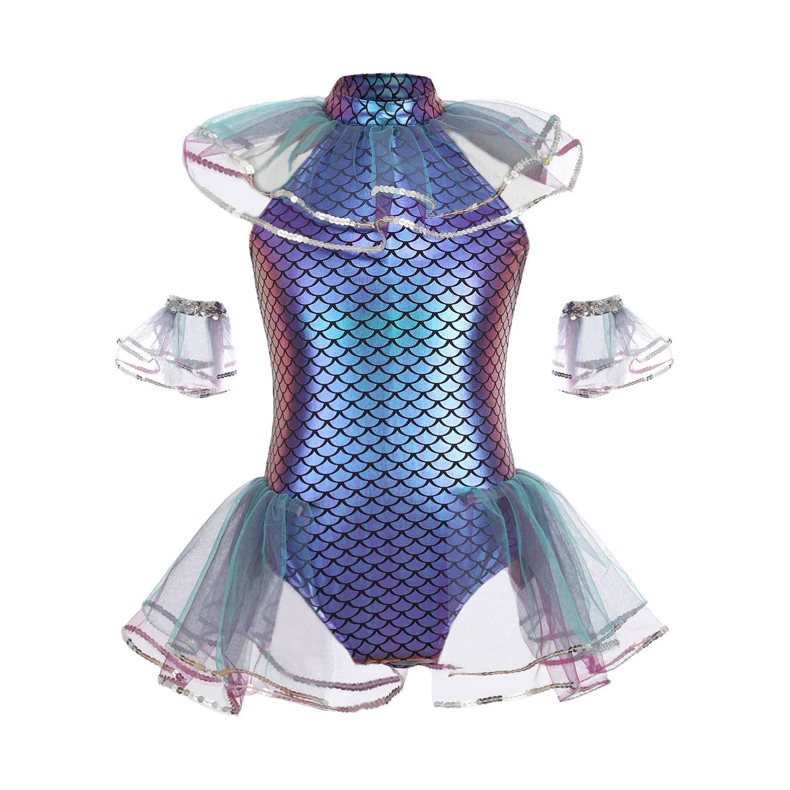 Children Girls Halloween Mermaid Princess Cosplay Costume Shiny Fish Scales Print Sequins Mesh Tutu Bodysuit with Arm Sleeves