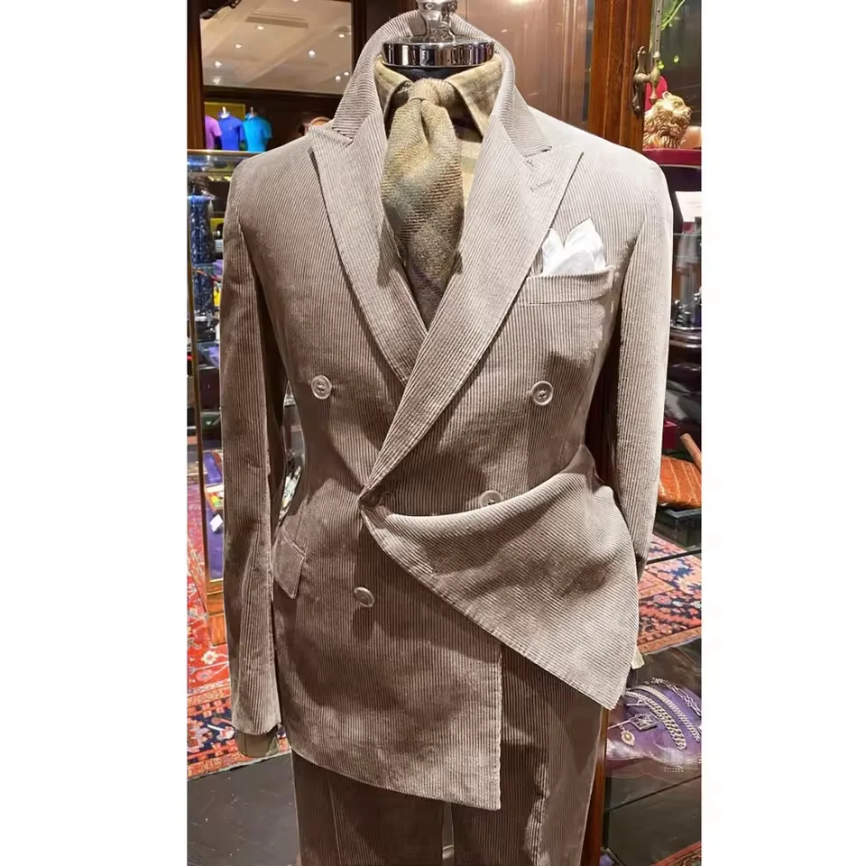 

New Men's Corduroy Grass Green Suit Two-piece Solid Color Business Casual Suit Suit Pant Sets Blazers Man Suite Costumes Elegant