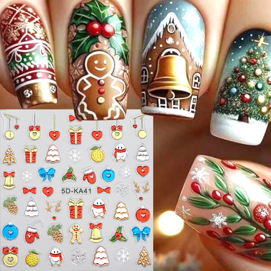 3D Chrome Chritsmas Nail Stickers Cartoon Gingerbread Man Sleigh Bells Gift Bow Snow Decals Winter Manicure Decorations