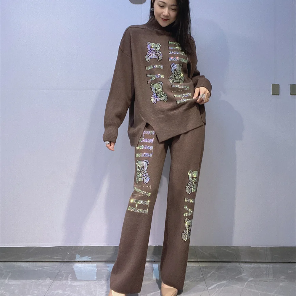 Ensemble tricoté européen et américain pour femmes, pull à col haut + pantalon à jambes larges, ensemble deux pièces, automne hiver