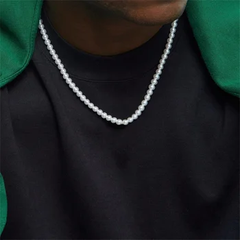 8mm imitação de pérola corrente colar para homens vintage pérola gargantilha simples grânulo colar hip hop jóias moda acessório