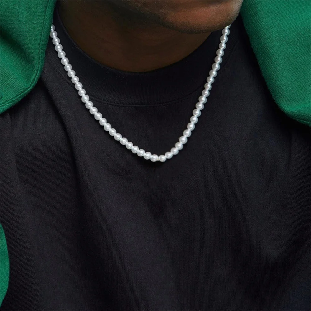 8MM Naszyjnik z imitacji pereł dla mężczyzn Vintage Pearl Choker Prosty naszyjnik z koralików Biżuteria hip-hopowa Modne akcesoria