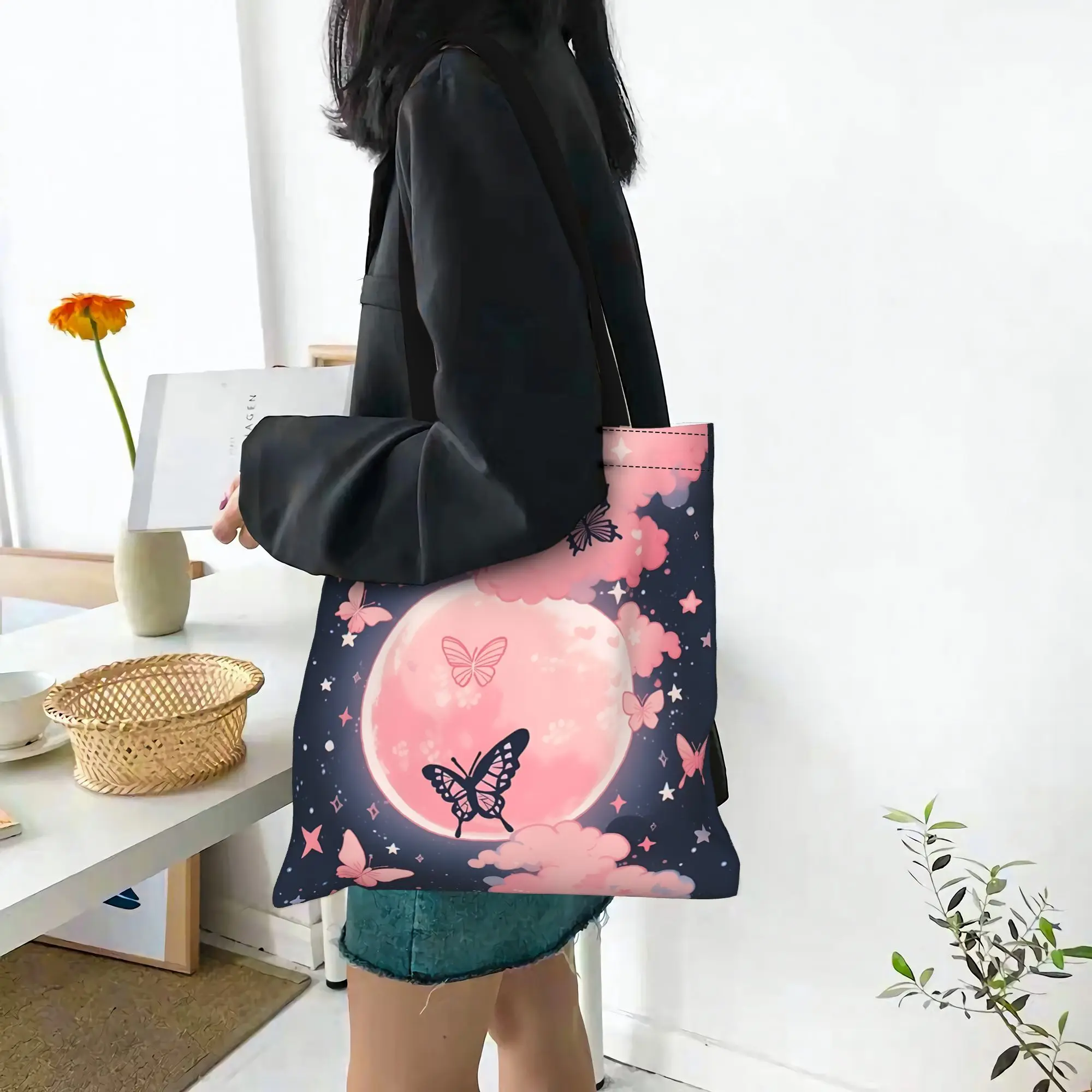 fashionable bags back to school Large Capacity Colorful Butterfly Graphic pattern  Canvas Tote Bag Foldable Chic Pattern Gifts