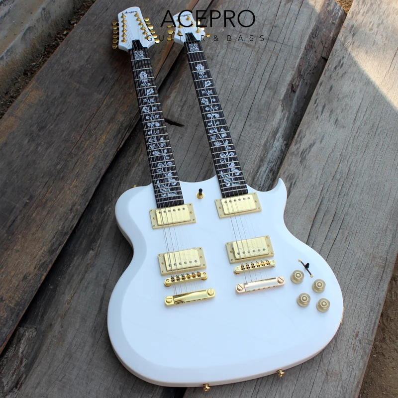 Acepro White Double Neck Electric Guitar, 6 String Guitarra+ 12 String Guitar Combo, Gold Hardware, Abalone Custom Stem Inlays