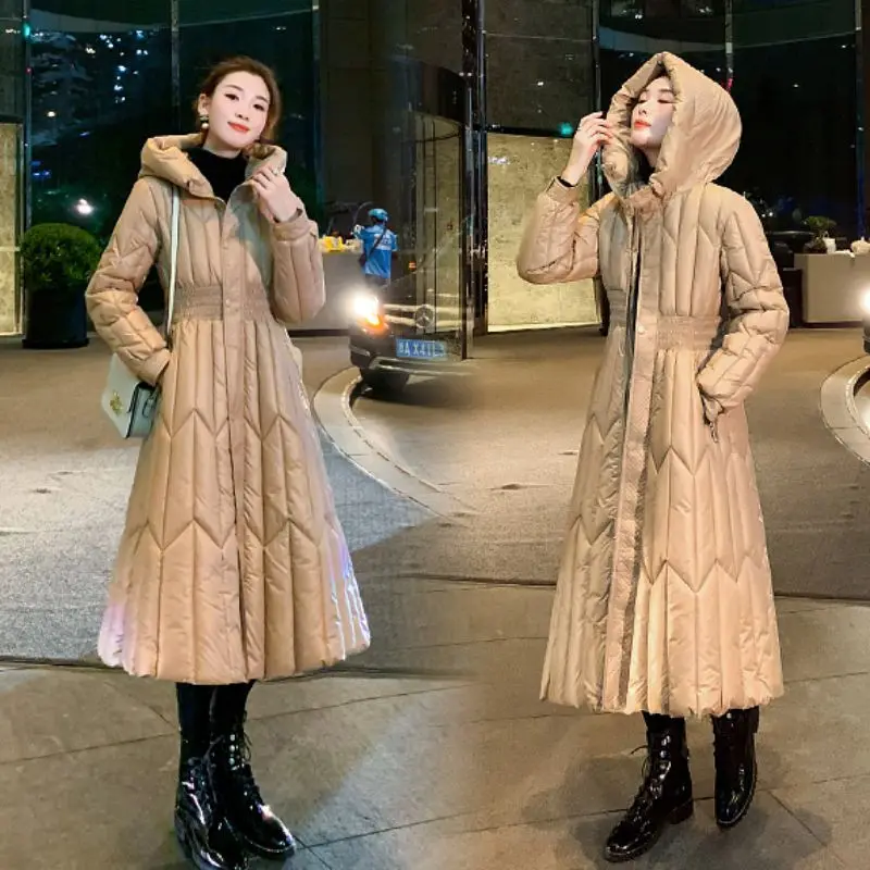 Chaqueta acolchada de algodón para mujer, parka con capucha, cintura elástica, por encima de la rodilla, ropa de invierno