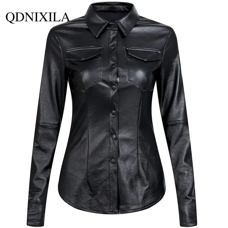 Women\'s PU Leather Long Sleeve Shirt, Versatile Top, Slim Top, European,Leather Women Shirts and Blouses