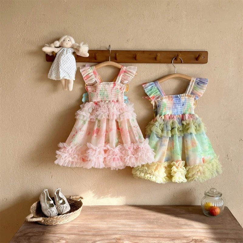 

Girls' Summer Dress Children's Butterfly Wing Strap Dress Summer Girl's Princess Mesh Ruched Dress