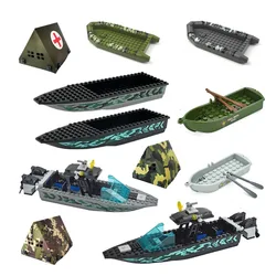 MOC Military Vehicle Special Camouflage Boat Building Block Figures Soldier Speedboat WW2 Warship Model Brick Brickset Kid Toys