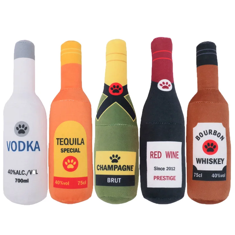 Dog Plush Toys Dog Bite-Resistant Clean Teeth Chew Toy Pet Squeaky Printed Champagne Tequila Bottle Chicken Shape Toy