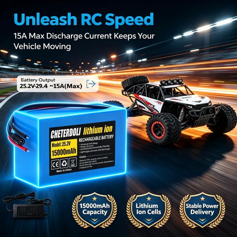 25.2V 15Ah Lithium Battery Pack with Smart Charger 2A and Cable Connector for LED Strip RC Car Security Camera DIY Power Supply