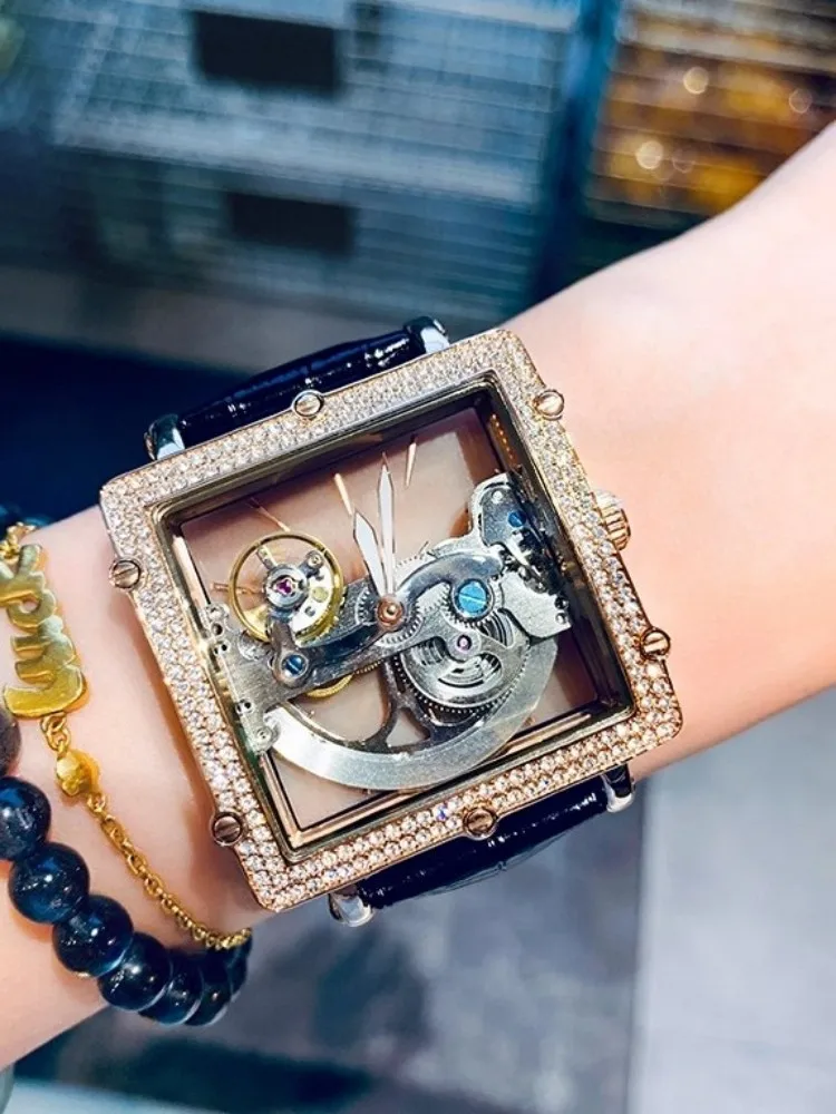 Jam Tangan Mekanis Fashion Mewah Wanita Aksesori Jam Tangan Desainer Berongga Transparan Gesper Pin Tali Kulit Asli