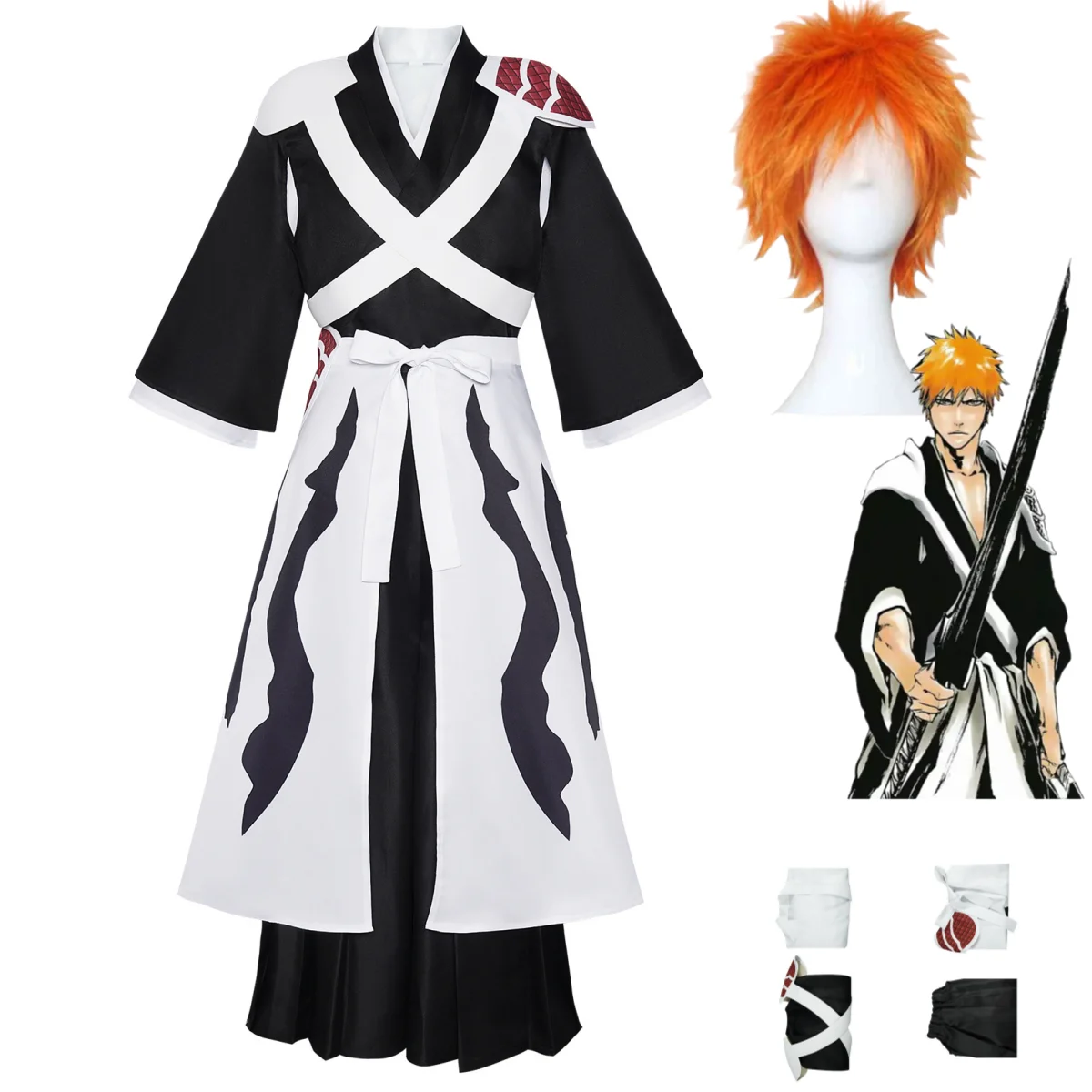 Аниме BLEACH Куросаки Ичиго Косплей Костюм Черные Топы Пальто Боевая Униформа Парик Взрослый Мужской Карнавальный Костюм Хэллоуина