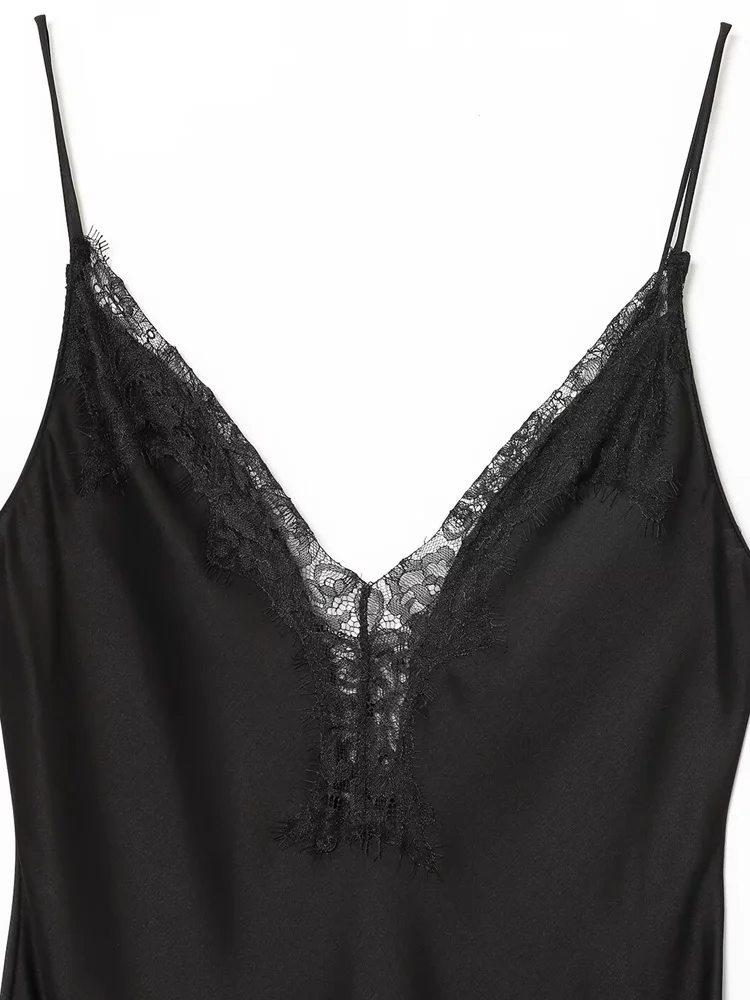 女性のセクシーなサテンレース非対称ドレス V ネック薄いストラップファッション女性ドレス