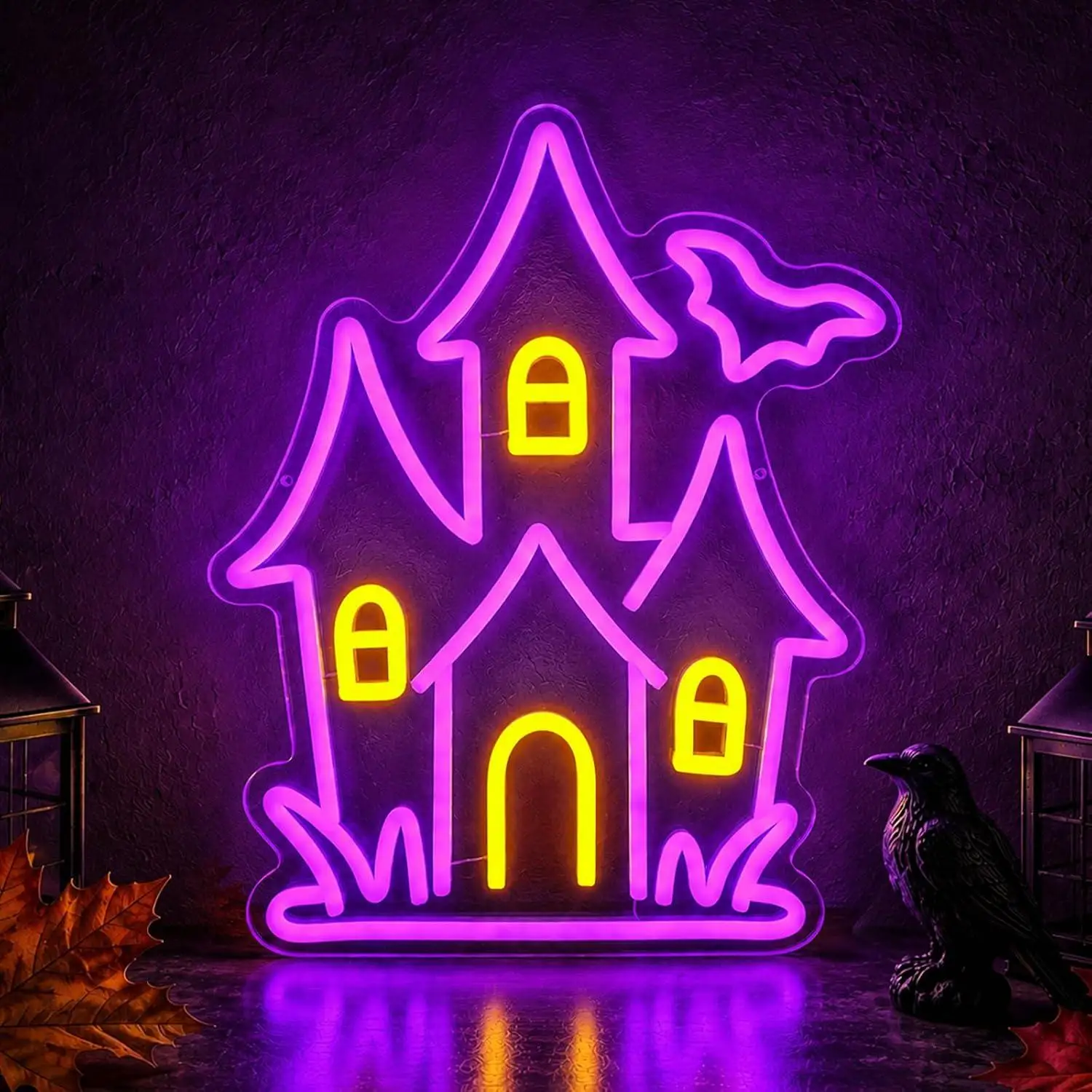 Haunted Castle Neon Sign USB Dimmable LED Lights for Spooky Halloween Bar Bedroom Game Room Garage Man Cave Horror Party Gifts