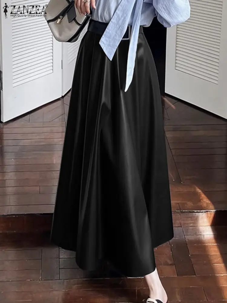 

ZANZEA Women PU Skirt Korean Leather High Waist Fashion Pleating Jupe Vintage Office 2024 Spring Falda Loose Solid Long Skirts