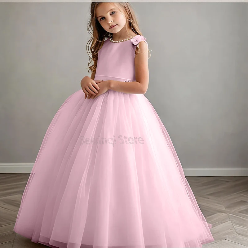 Robe de demoiselle d'honneur de couleur ivoire, tulle à longues manches, appliques de dentelle pour enfants, occasion formelle, robe de mariée de princesse de luxe, bio poke, élégante