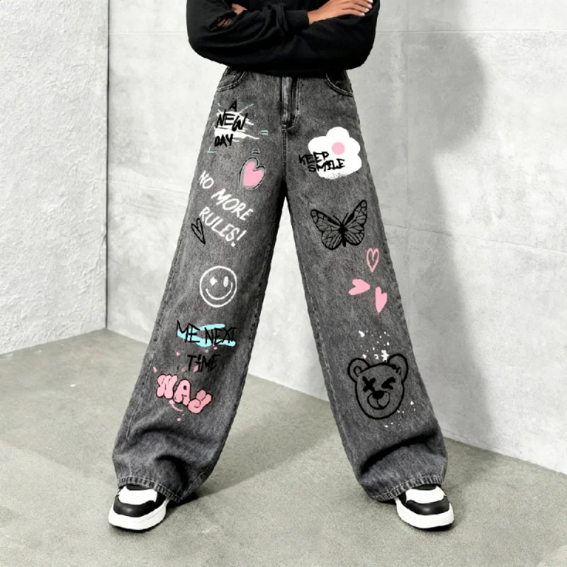 جينز صناعي واسع الساق مطبوع عليه رسوم كرتونية Y2K للفتيات - جينز صناعي فضفاض مناسب للمراهقين مع وجه مبتسم وفراشة ودب P #1