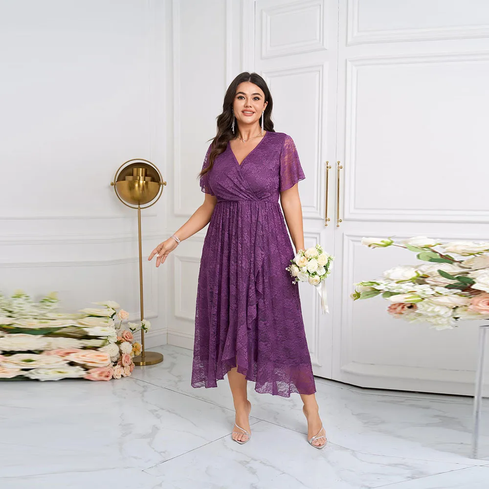 

Customized Elegant Mother of The Bride Dresses Womens Wedding Guest Dress Formal Lace Wrap V Neck High Low Short Sleeve 2025