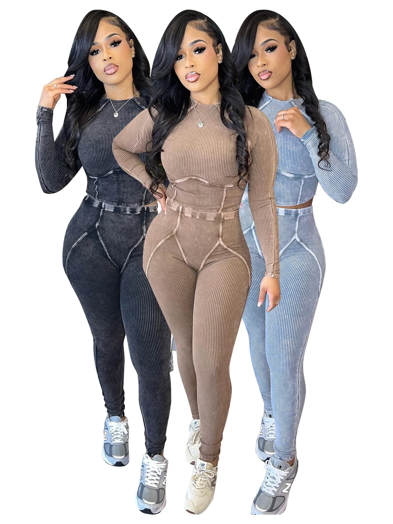 

Women Tracksuit Outfit Fall Winter Ribbed Tight Long Sleeve Crop Top Casual Two Piece Pant Sets Workout Fitness Yoga Joggers Set