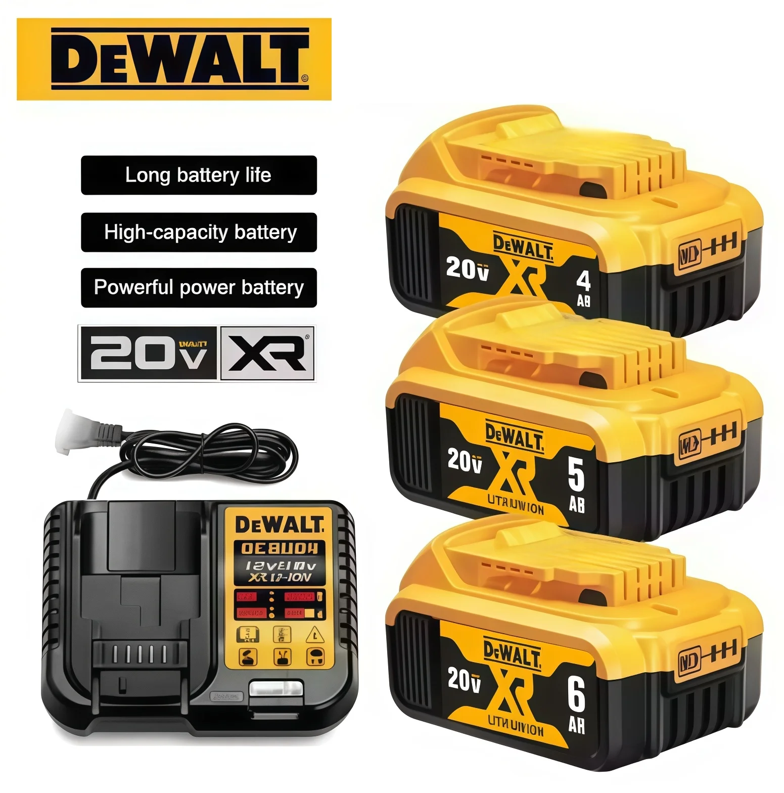 طقم بطارية DEWALT الأصلي DCB206 | 20 فولت 4.0-6.0 أمبير متعدد السعة + شاحن، DCB205/DCB200 متوافق مع الشحن السريع