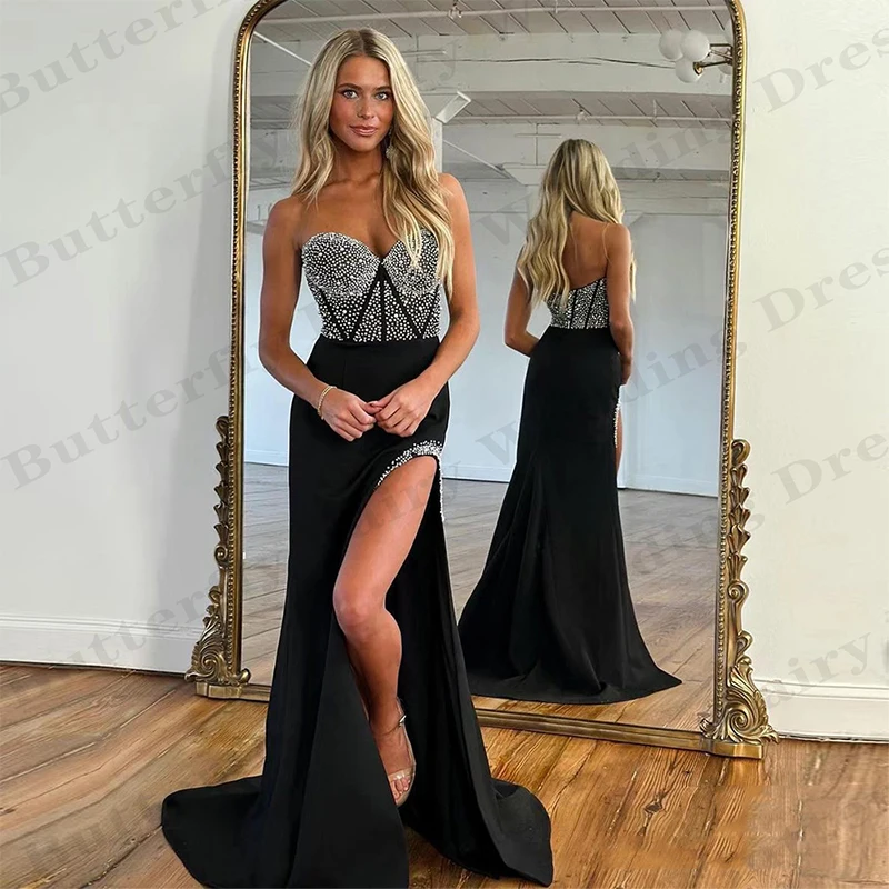 Robe de Soirée Sexy à Dos auxpour Femme, Tenue Luxueuse à la Mode, en Forme de Sirène, avec Perles, Fente Haute, pour Bal, 2024