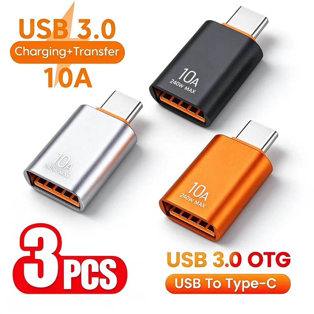 3PCS 10A USB-A To Type-C OTG Adapter For iPhone 15 16 17 18 Duo Samsung Xiaomi POCO Huawei Fast Charging Data Transfer Converter