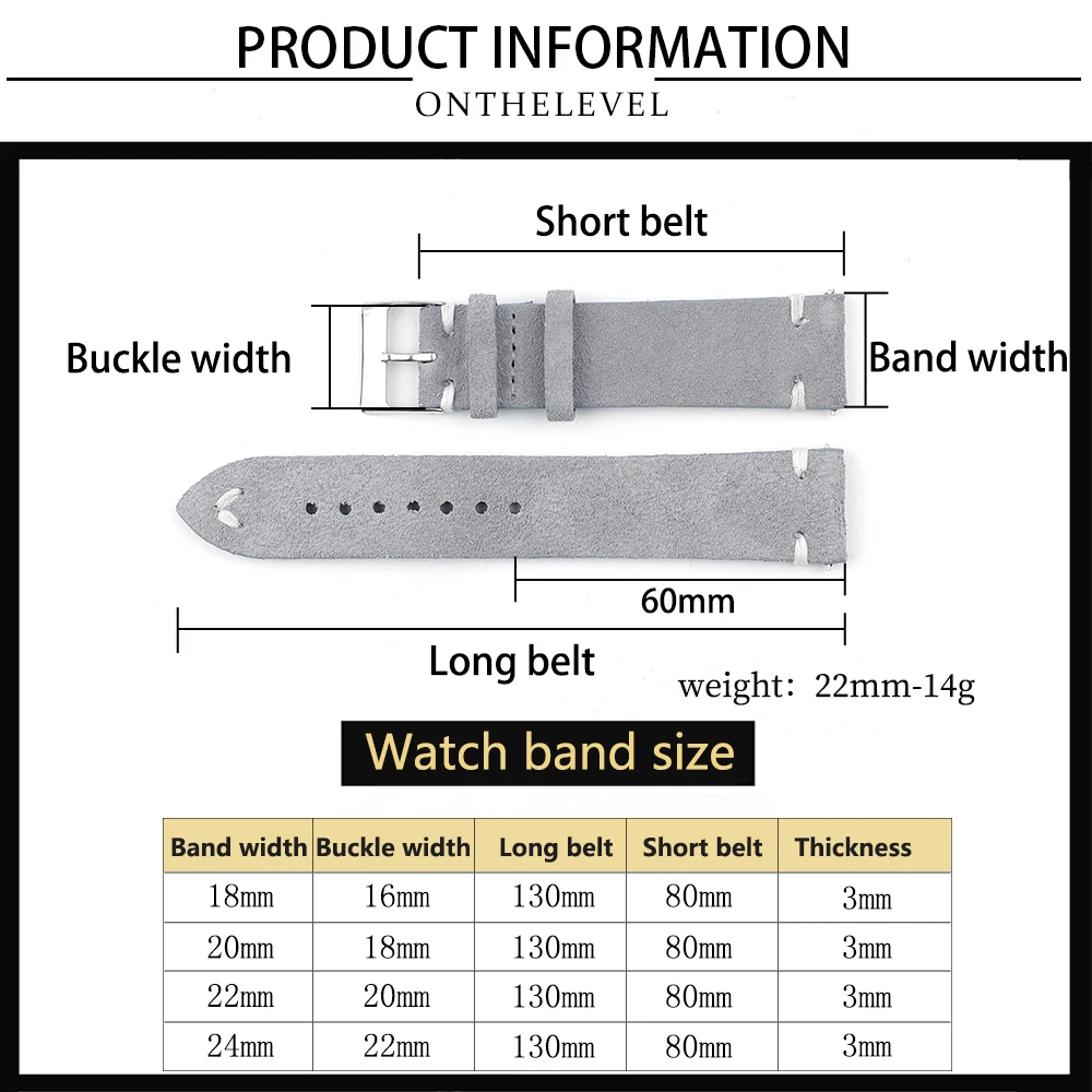 Handmade Suded Leather Comfort Gray Watchband 18mm 20mm 22mm 24mm Stainless Steel Buckle Replacement Strap for Each Watches