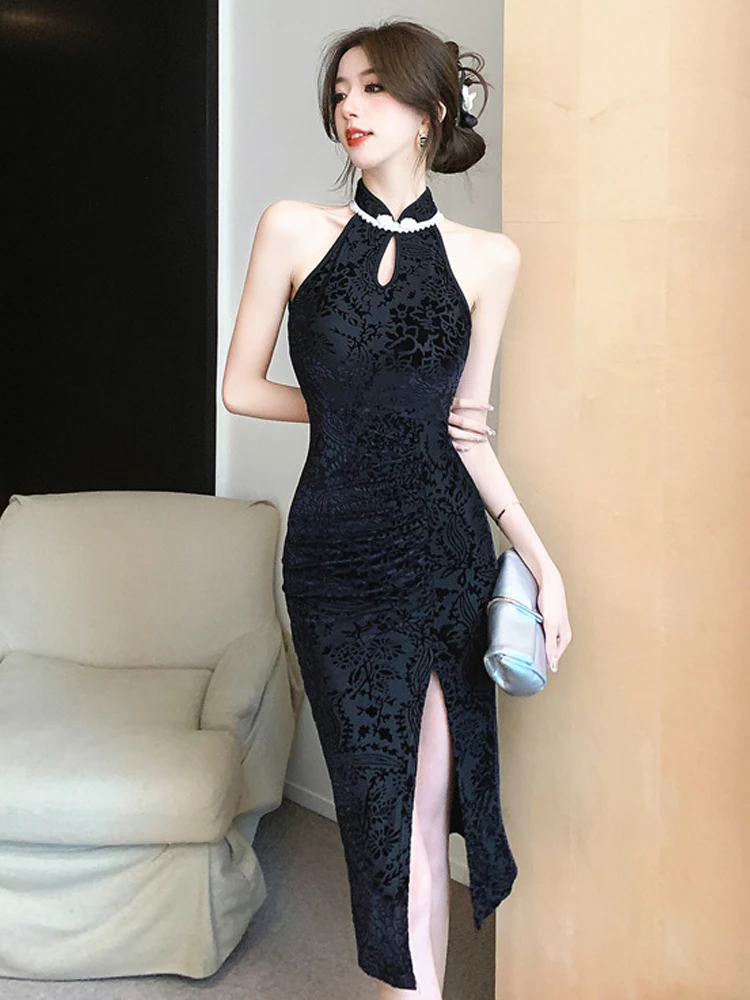 New Chinese Style Fashion Lady Black Evening Dress Women Clothing Elegant Vintage Sexy Sleeveless Slim Party Prom Vestido Fiesta