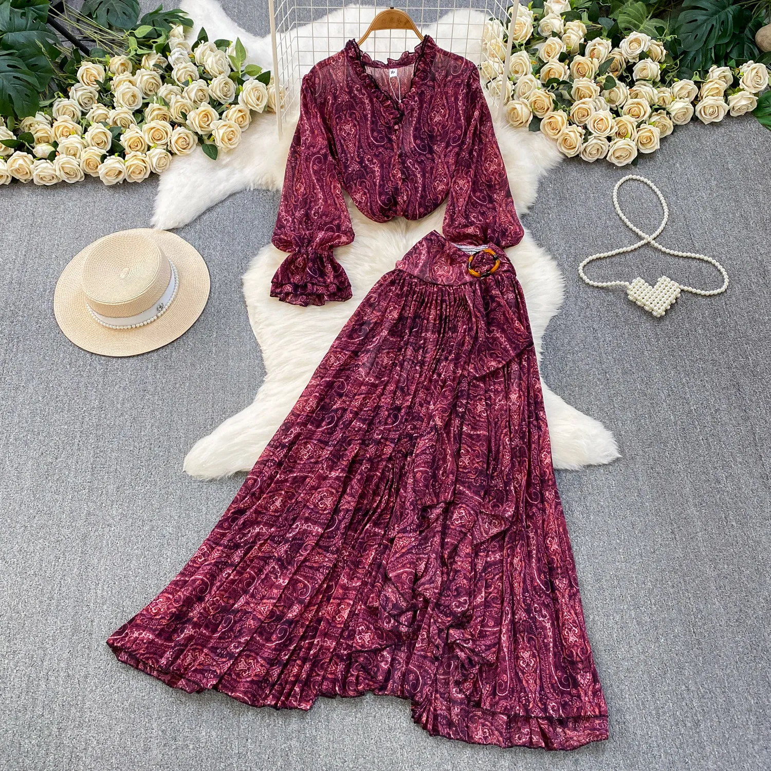 Spring Autumn Blue/Brown/Purple Red/Green Print Two Piece Set Vintage V-Neck Chiffon Blouse + Irregular Ruffle Pleated Skirt New
