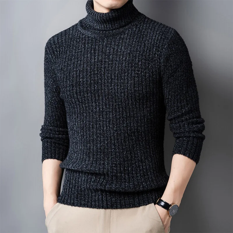 Autumn and Winter Men's Pullover High Neck Solid Screw Thread Long Sleeve Sweater Knitted Underlay Loose Fashion Casual Tops